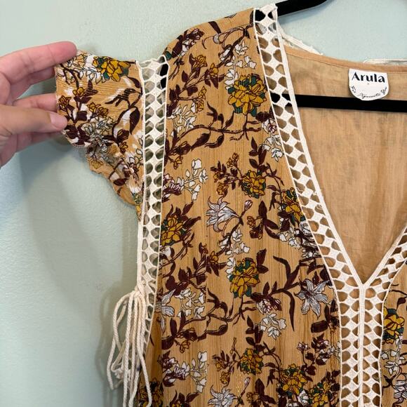 Arula Dress 2X Plus Brown Floral Shift V-Neck Ruffle Crochet Lace Tassels Boho - Picture 7 of 9